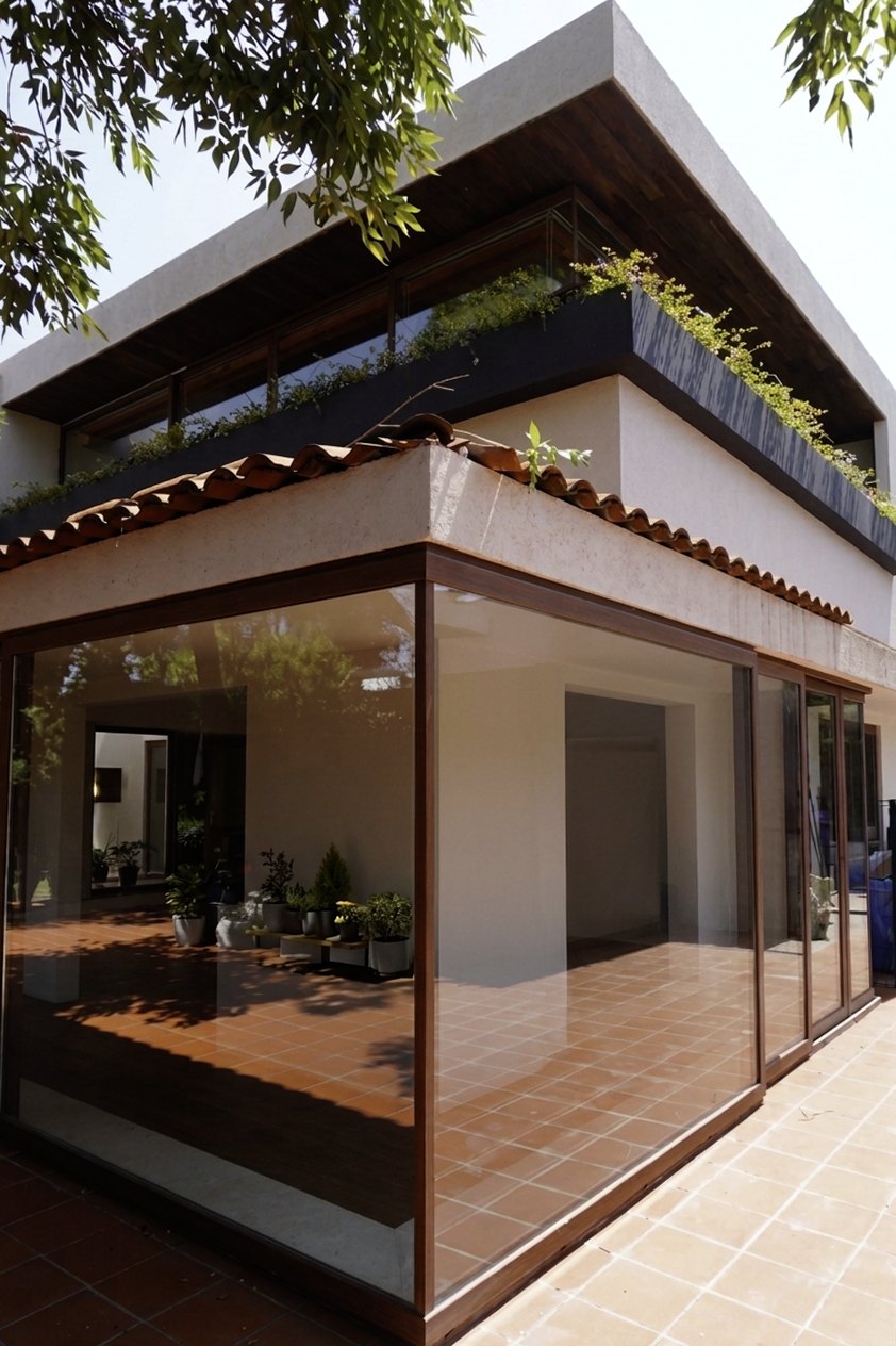 La esquina de la casa, con las jardineras en el pretil y la terraza