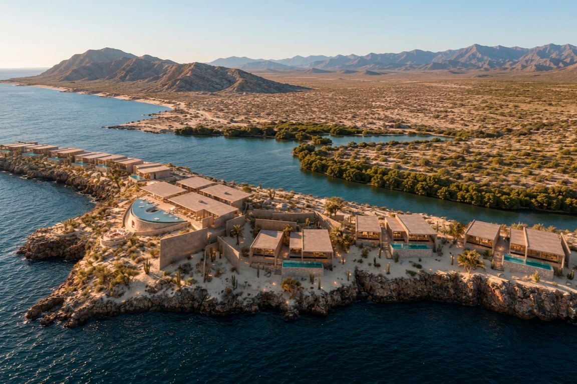 La punta y la bahía desde el aire, con la sierra al fondo