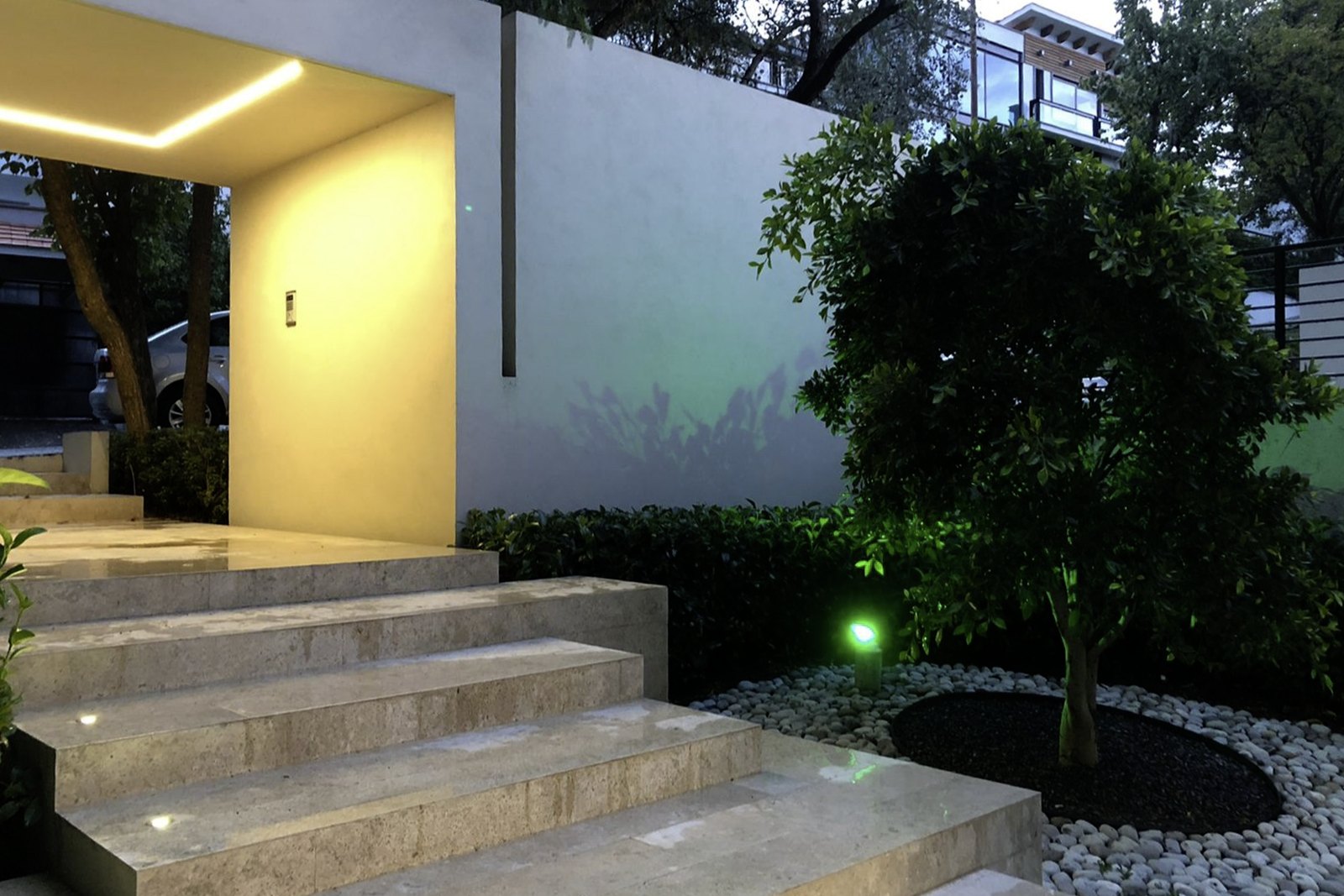 Escalinata de acceso iluminada entre la vegetación