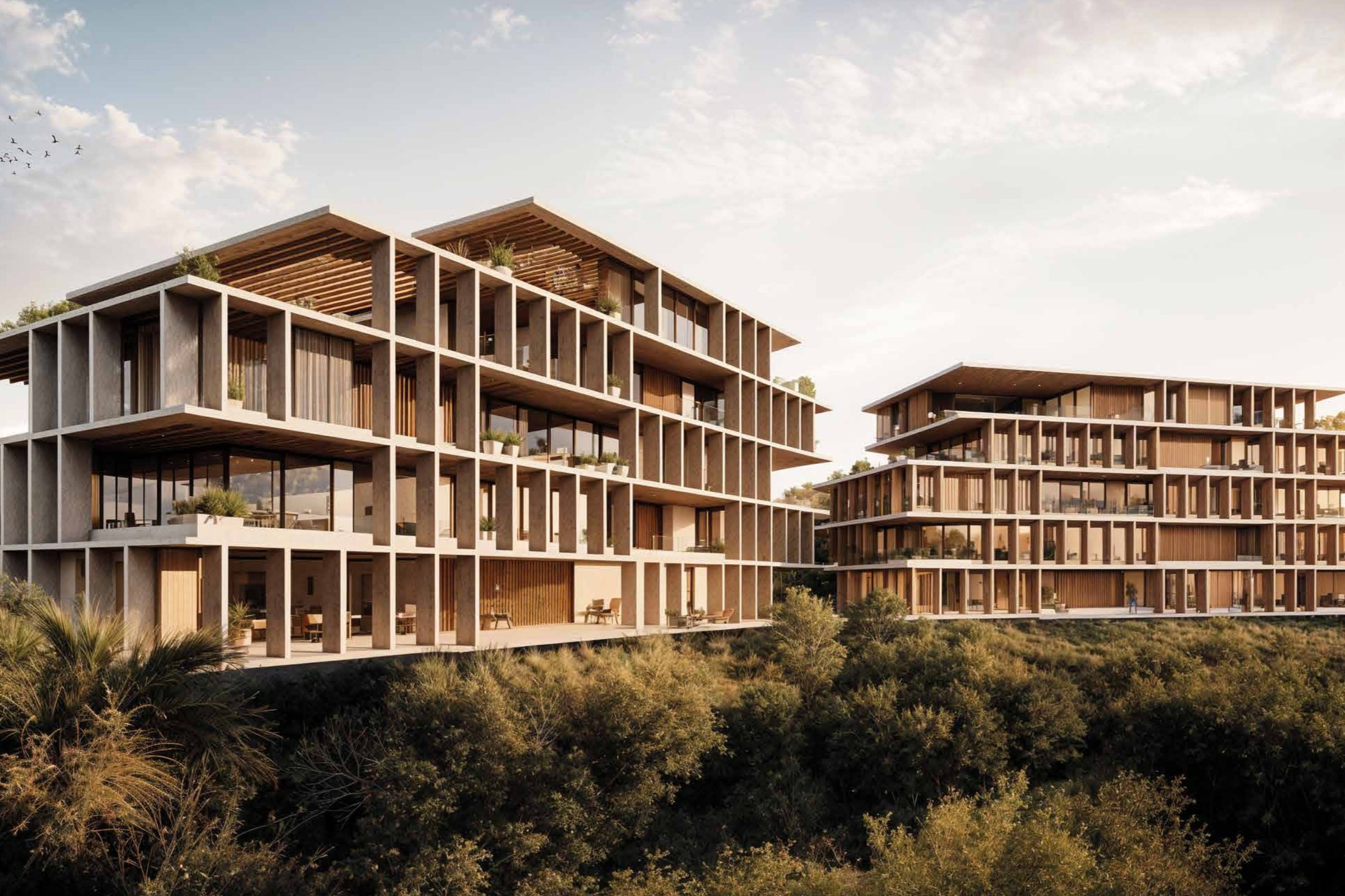 El edificio de madera entre la vegetación