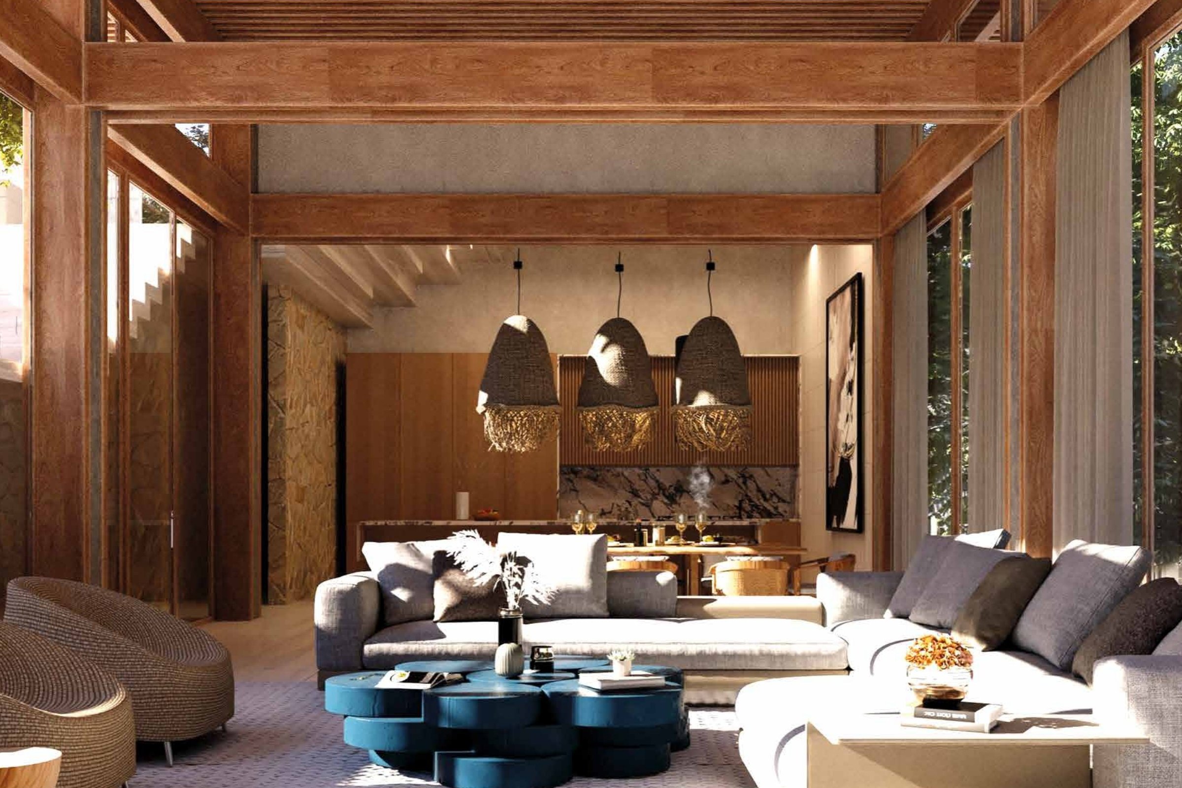 Estancia de madera con la sala y el comedor
