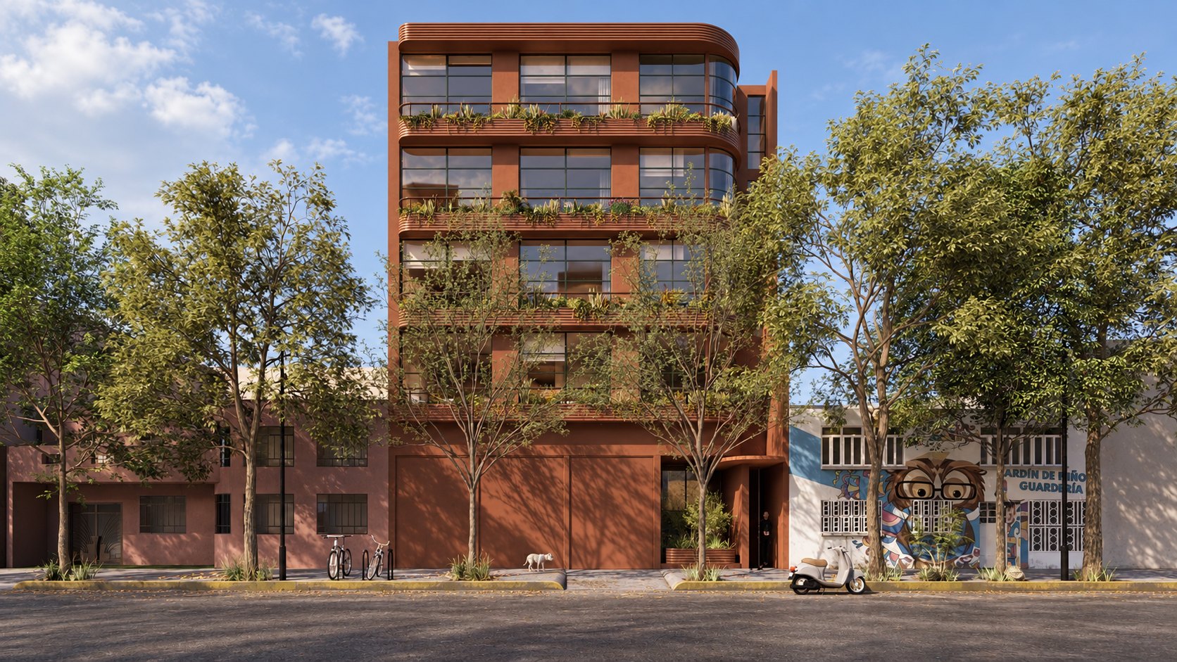 El edificio de ladrillo entre los árboles de la calle, con los balcones plantados