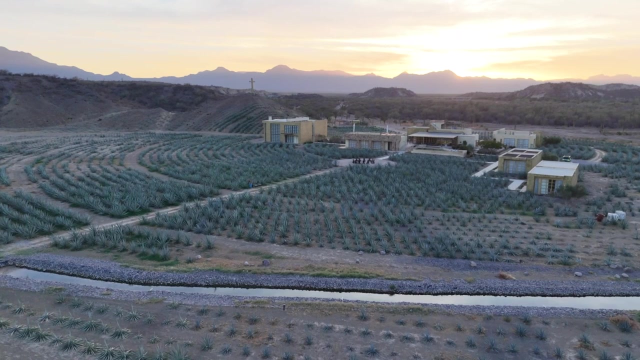 Vuelo de dron sobre el plantío de agave y el conjunto, con la sierra al fondo